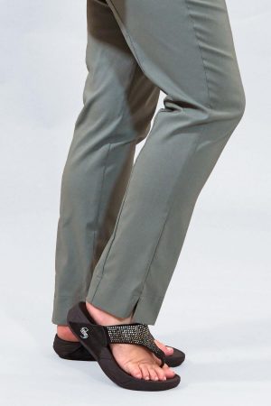 The model in this photo is wearing khaki Robell Marie stretch trousers