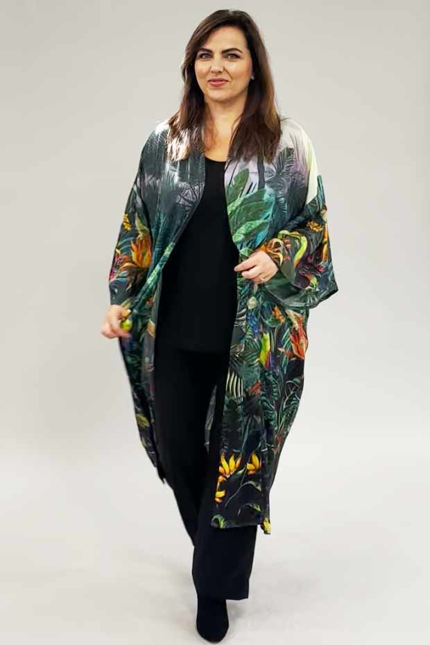 Orientique digital long kimono - green toucan