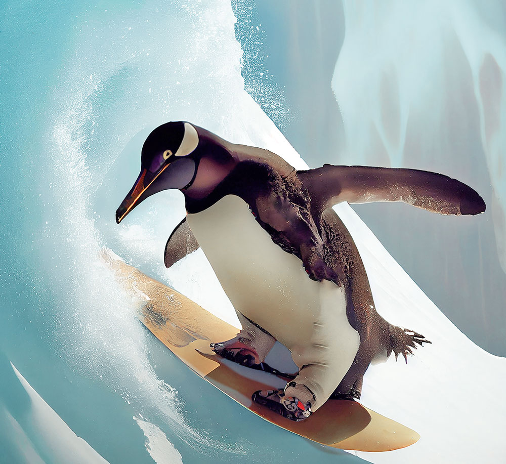 Penguin snow boarding