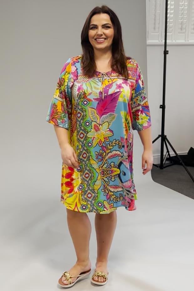 Orientique digital bell sleeve dress/tunic - brights