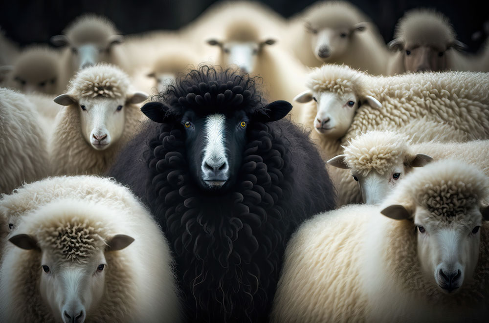 Black sheep in amongst white sheep.
