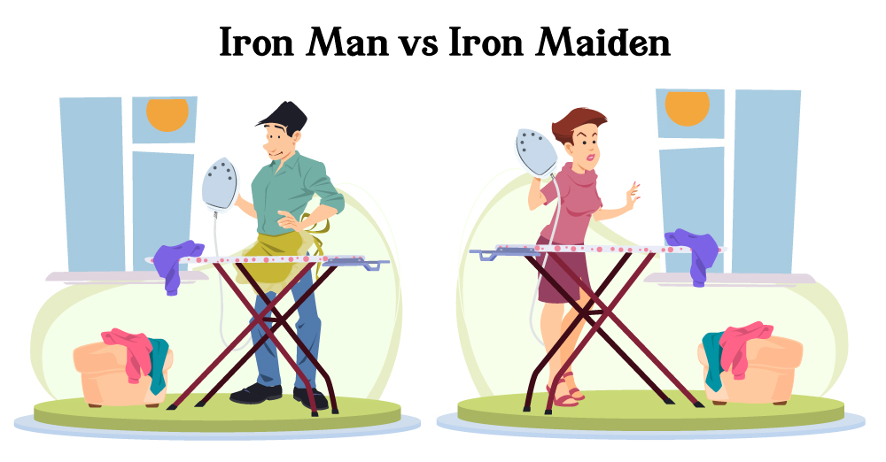 Cartoon man and woman ironing joke