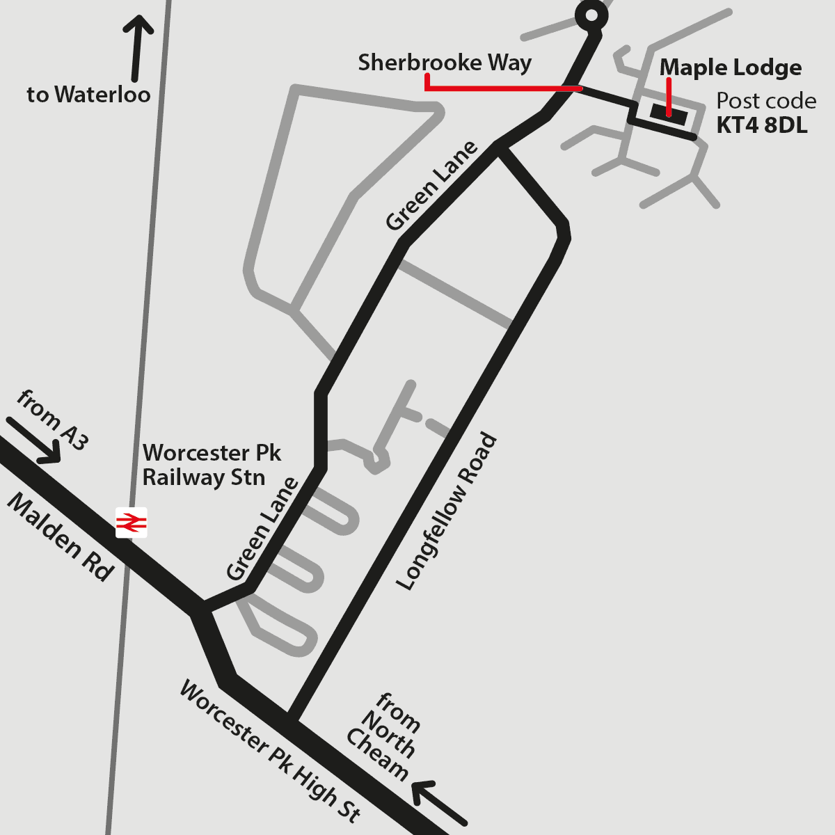 Simple street map to show location of Maple Lodge, Worcester Park