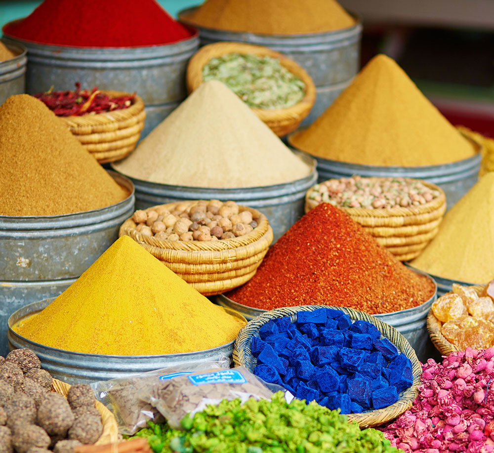 Colourful spices in a Moroccan souk