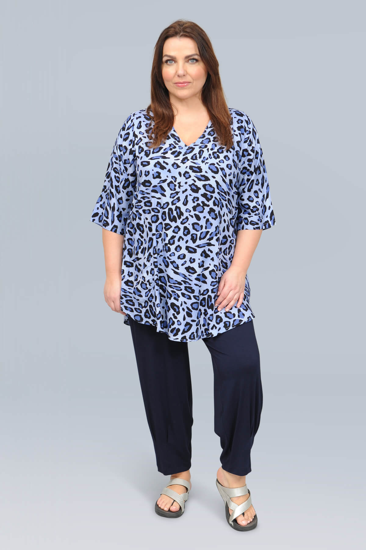 Angel Circle v neck tunic - blue leopard