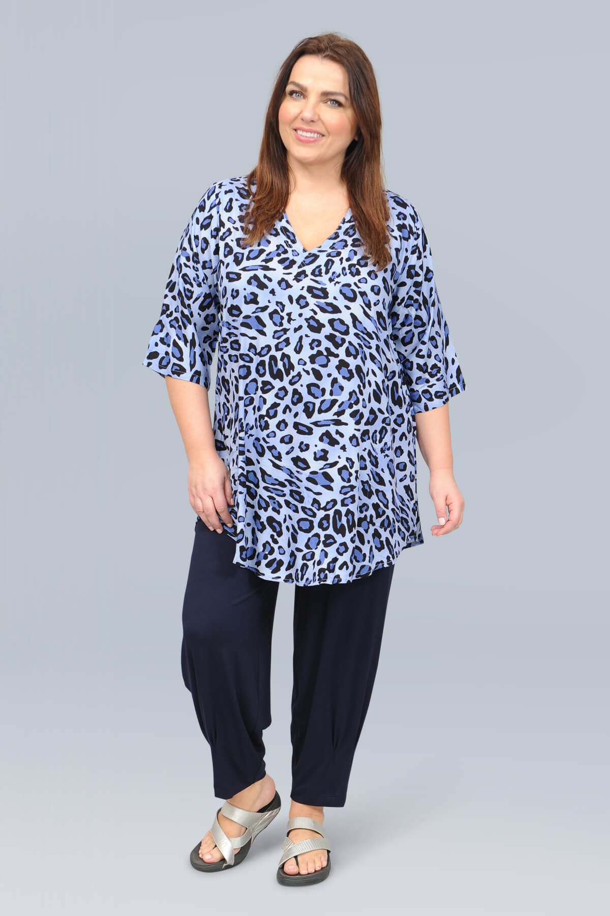 Angel Circle v neck tunic - blue leopard