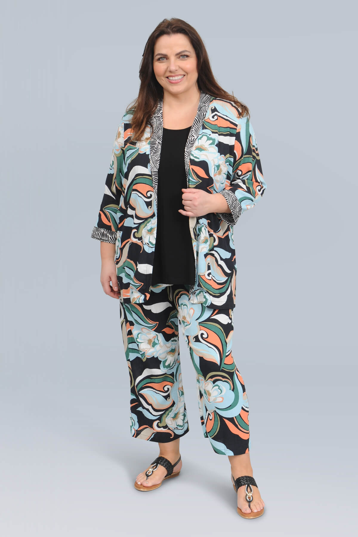 Ciso crinkle kimono - black/white/turq