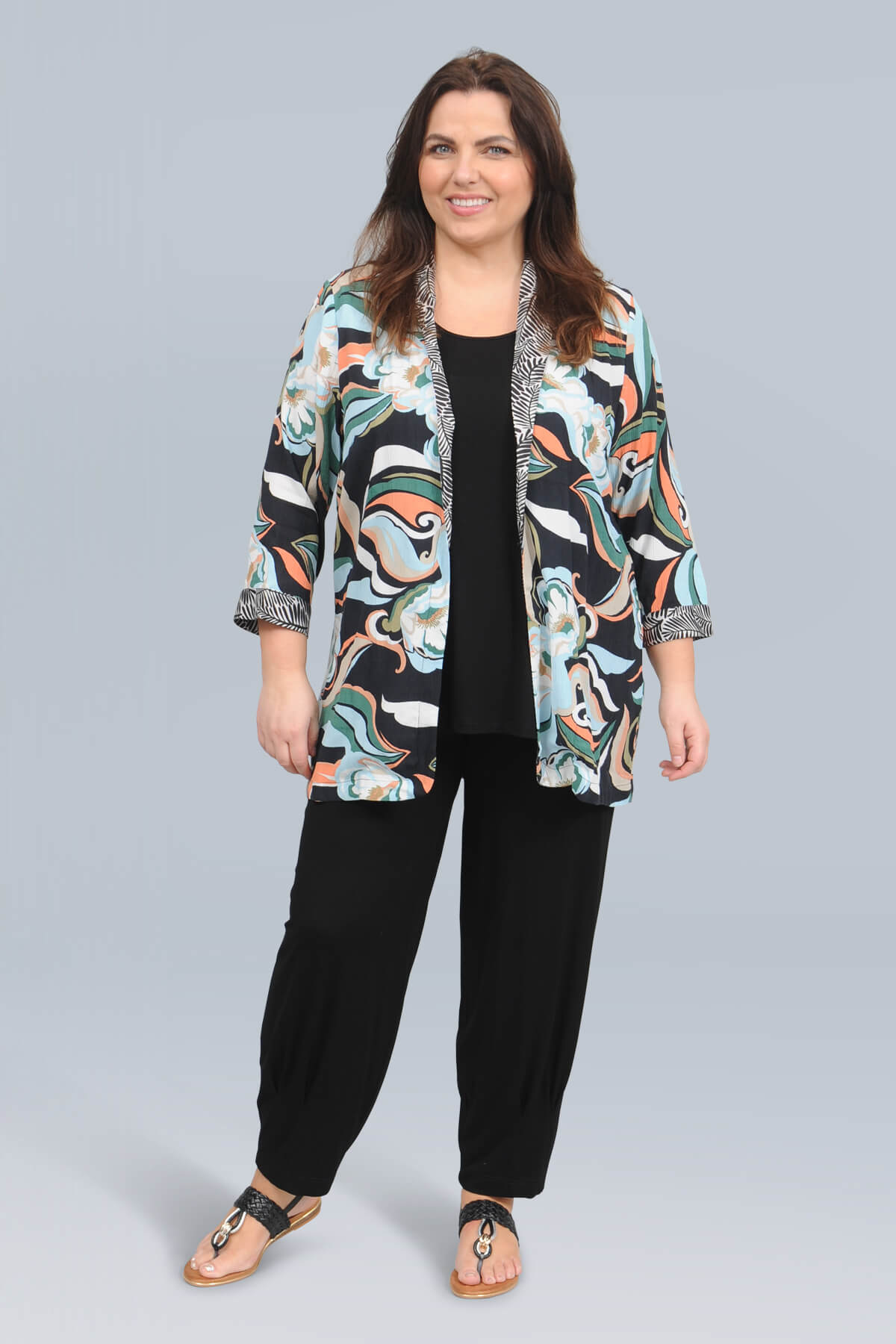 Ciso crinkle kimono - black/white/turq