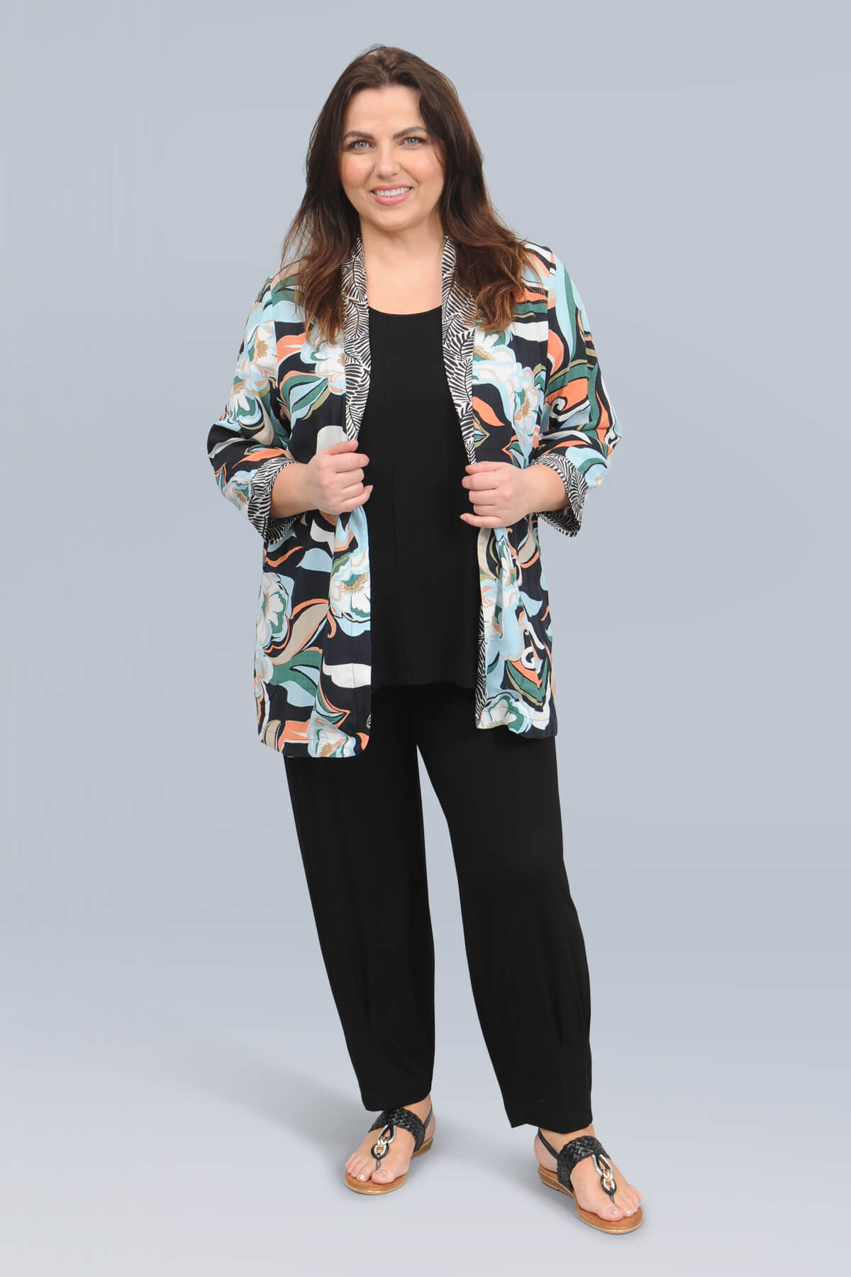 Ciso crinkle kimono - black/white/turq