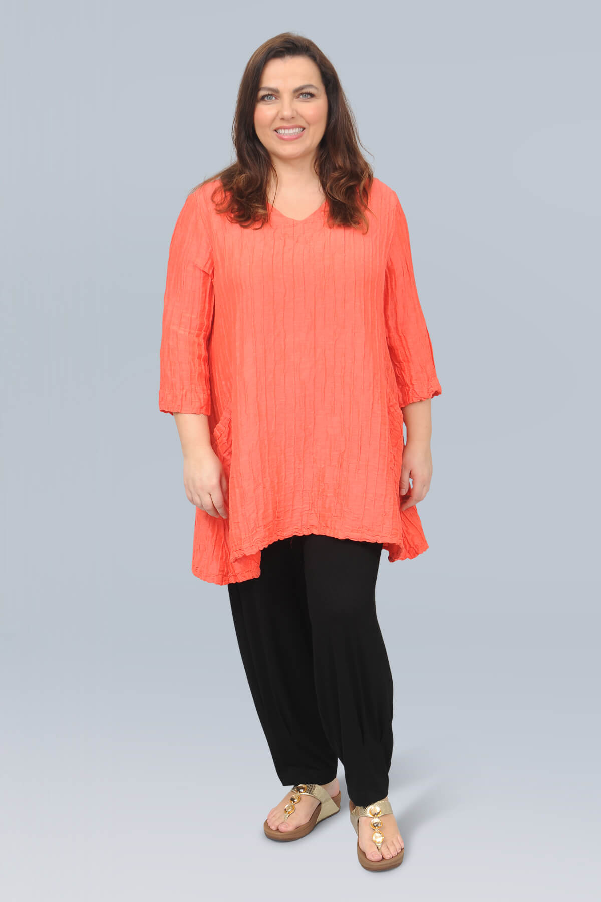 Grizas two pocket v neck tunic - living coral