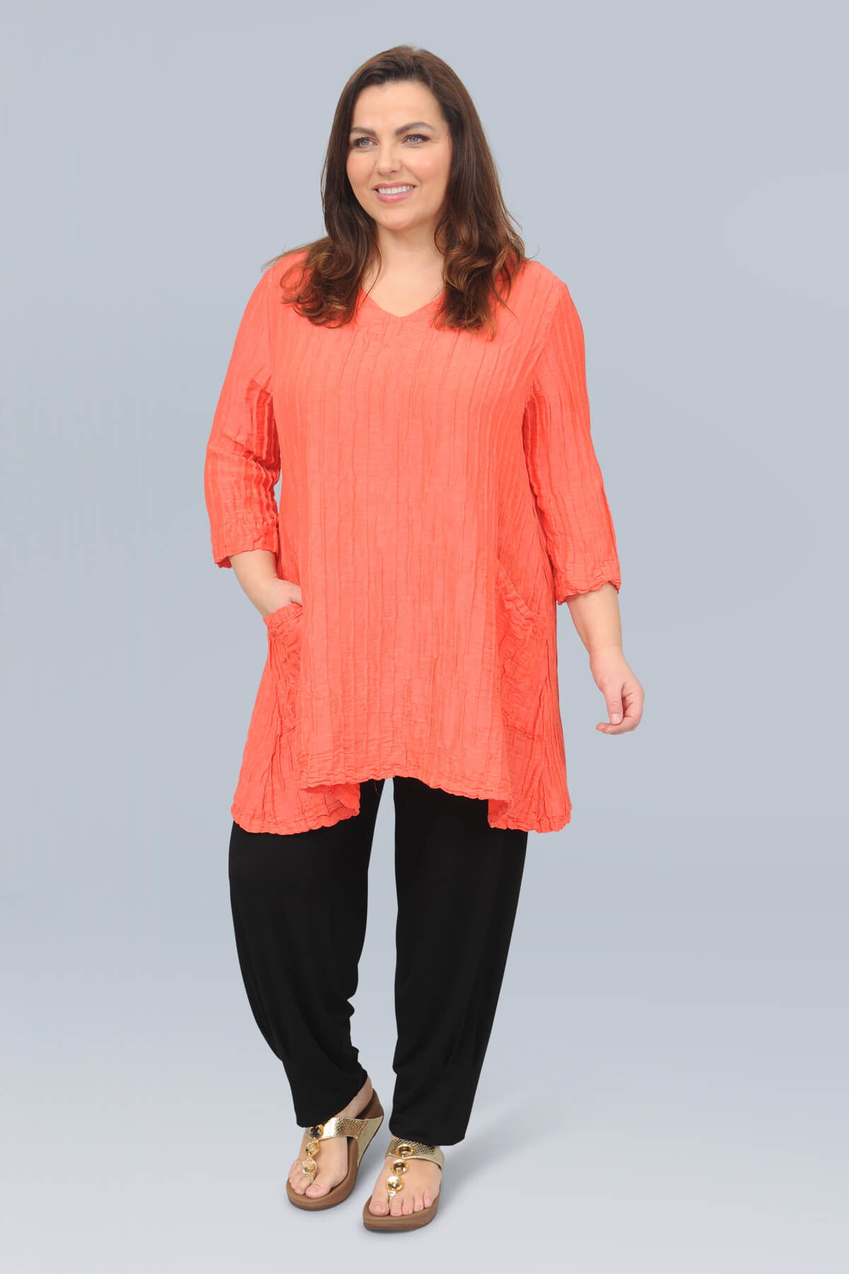 Grizas two pocket v neck tunic - living coral