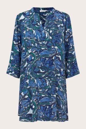 This is a photo of a Masai Clothing Gali tunic in blue fog print made from sustainable viscose fabric from Bakou London