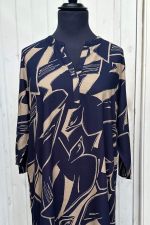 This is a photo of a Masai Clothing Gali tunic in blue fog print made from sustainable viscose fabric from Bakou London