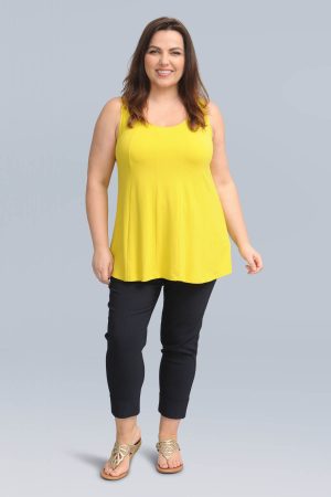 The model in this photo is wearing a comfortable jersey vest top in plus sizes at Bakou