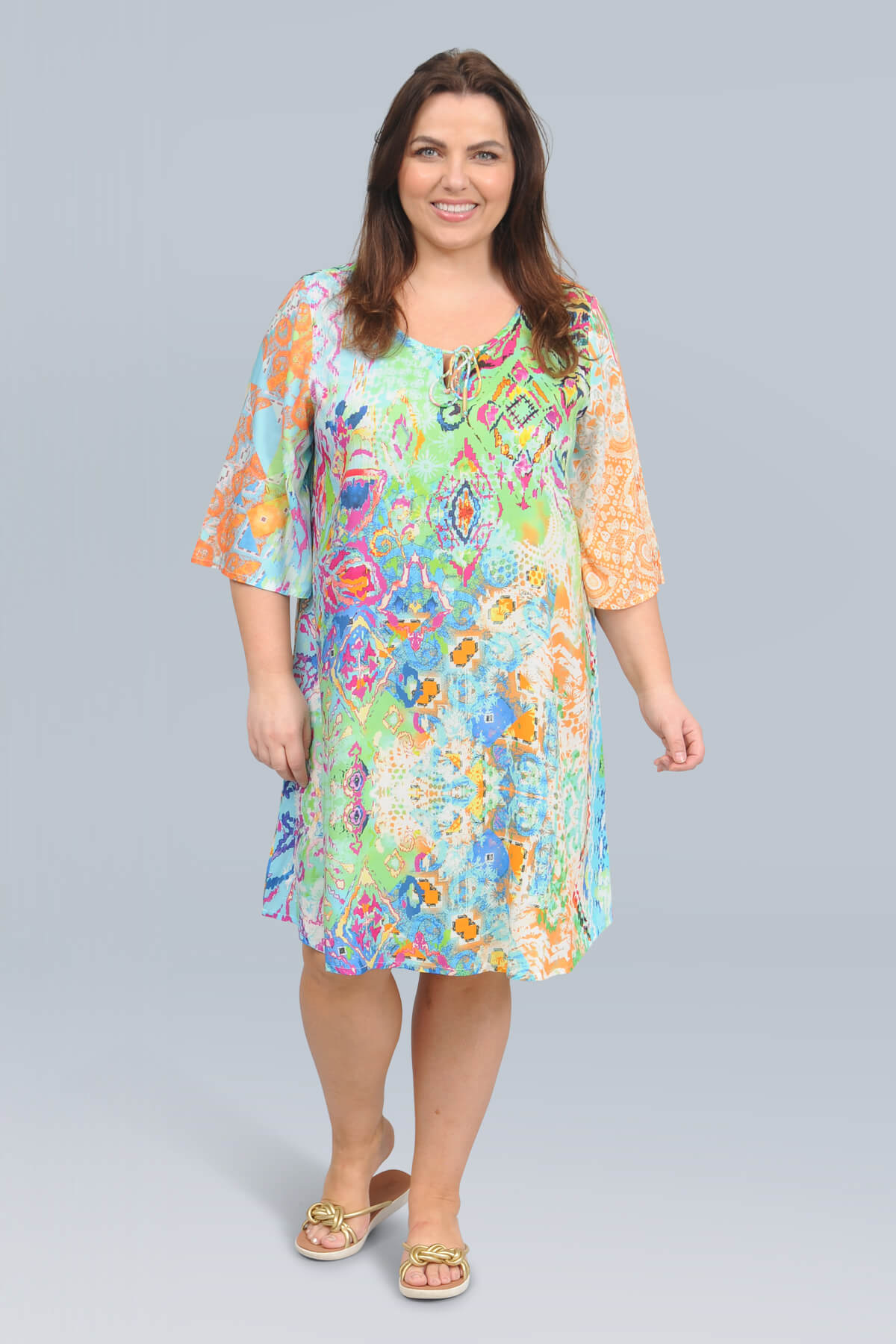 Orientique digital bell sleeve dress/tunic - brights