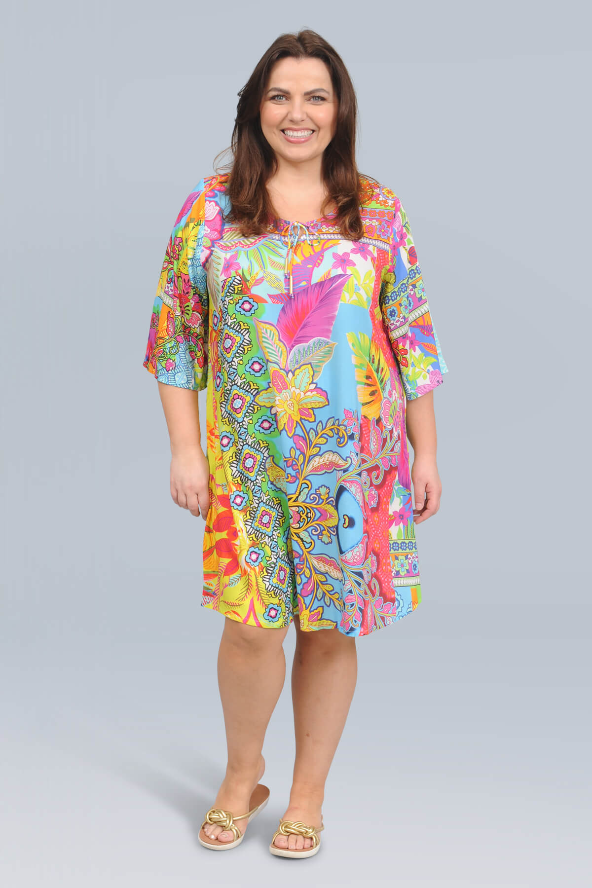 Orientique digital bell sleeve dress/tunic - brights