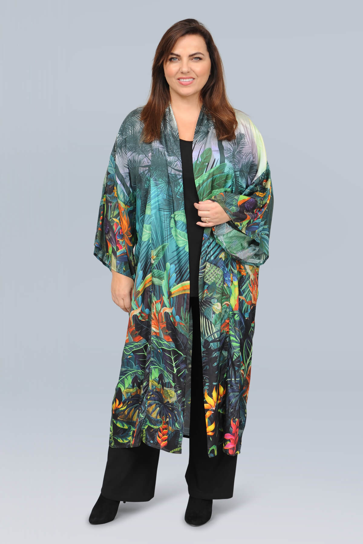 Orientique digital long kimono - green toucan