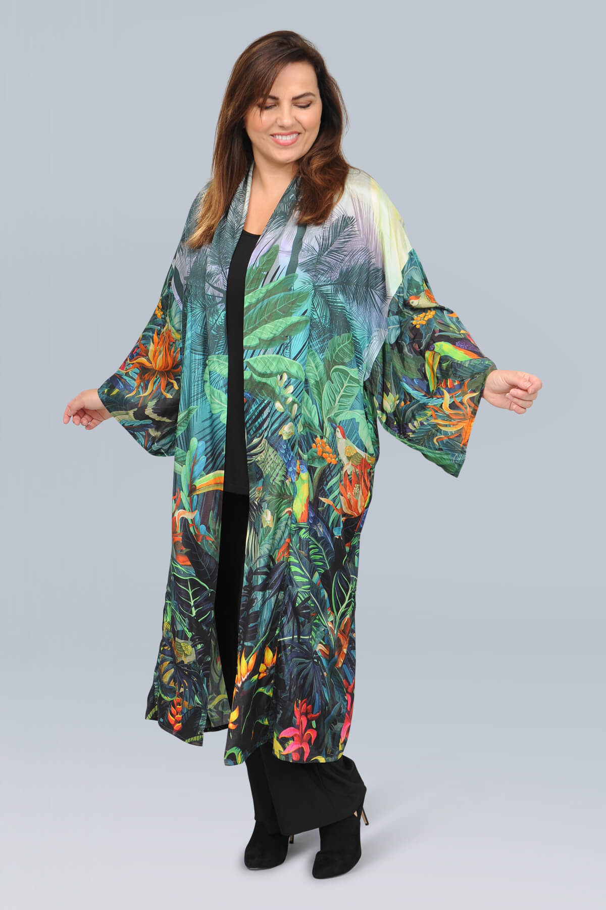 Orientique digital long kimono - green toucan