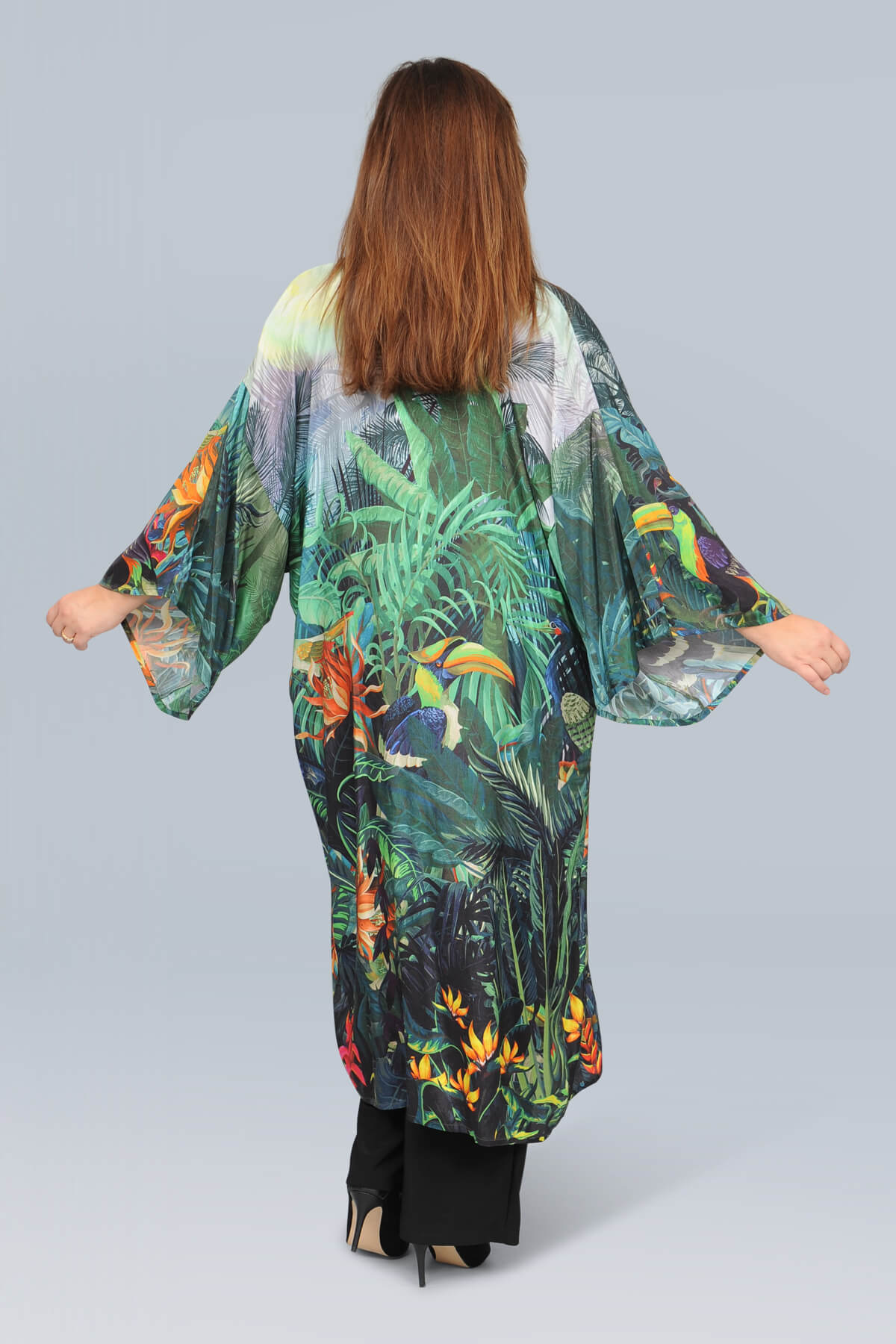 Orientique digital long kimono - green toucan