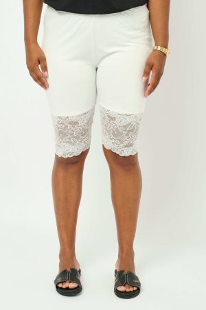 The model in this photo is wearing bamboo lacy anti chubb rub shorts made for plus size ladies and available from Bakou