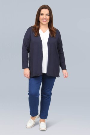 The model in this photo is wearing a soft comfy cardigan by Via Appia for curvy ladies