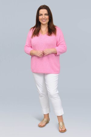 The model in this photo is wearing a lightweight Spring v neck Via Appia jumper for stylish plus size ladies at Bakou London