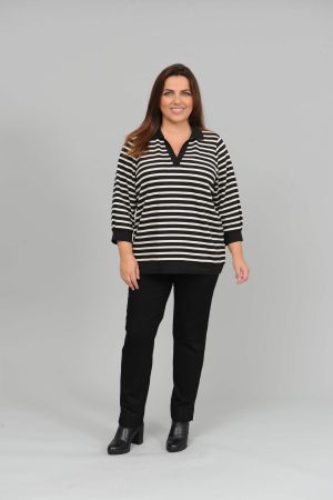 The model in this photo is wearing a stylish striped v neck jumper with collar in plus sizes at Bakou