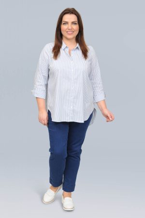 The model in this photo is wearing a striped stretch cotton mix shirt by Via Appia for stylish plus size ladies at Bakou London