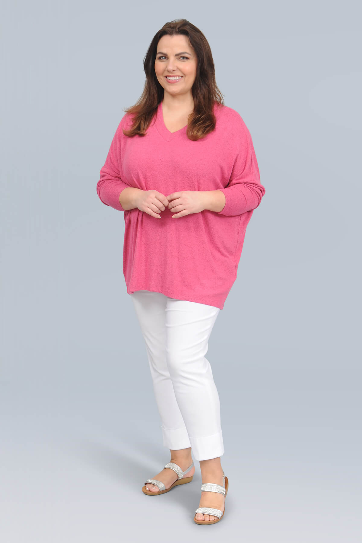 Wasabi Simone v neck jumper - fuchsia melange