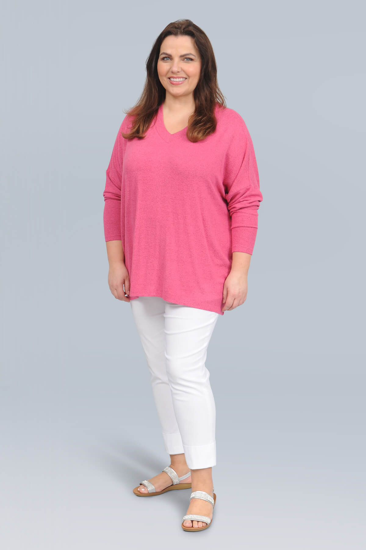 Wasabi Simone v neck jumper - fuchsia melange