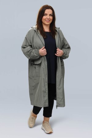 The model in this photo is wearing a fabulous Wasabi Vera showerproof long jacket in plus sizes at Bakou London